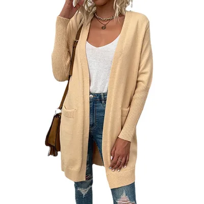 Solid Color Pocket Sweater Autumn And Winter Sweater Women's Cardigan Coat Apricot - Shop at LoveMi