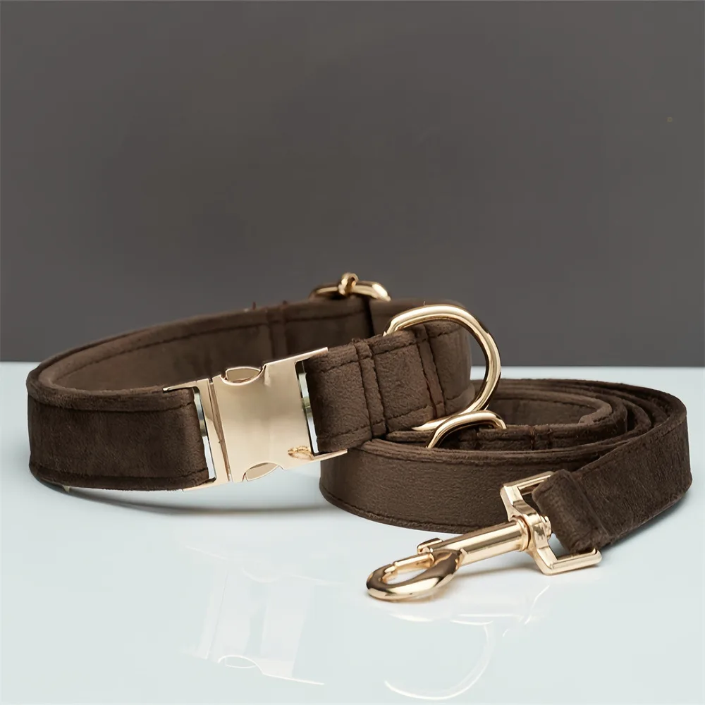 Multiple Colour Velvet Personalise Dog Collar Leash Set With Bow Brown Set - Shop at LoveMi