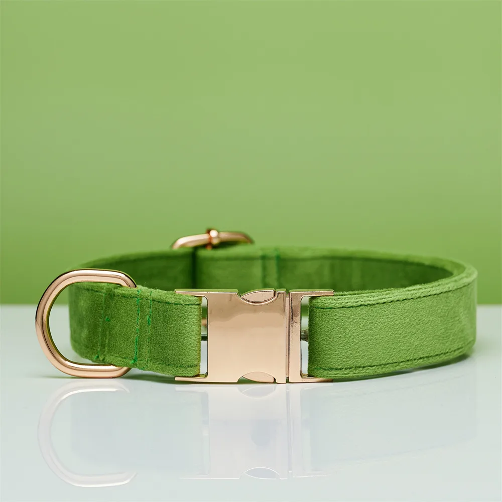 Multiple Colour Velvet Personalise Dog Collar Leash Set With Bow Green - Shop at LoveMi