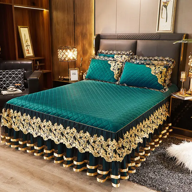 Lace Quilted Rhinestone Velvet Bed Skirt Protective Sleeve Emerald - Shop at LoveMi