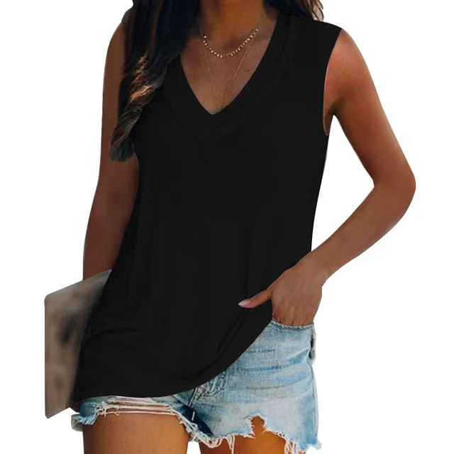 European And American Urban V neck Fashion Solid Color Women's Vest Black - Shop at LoveMi