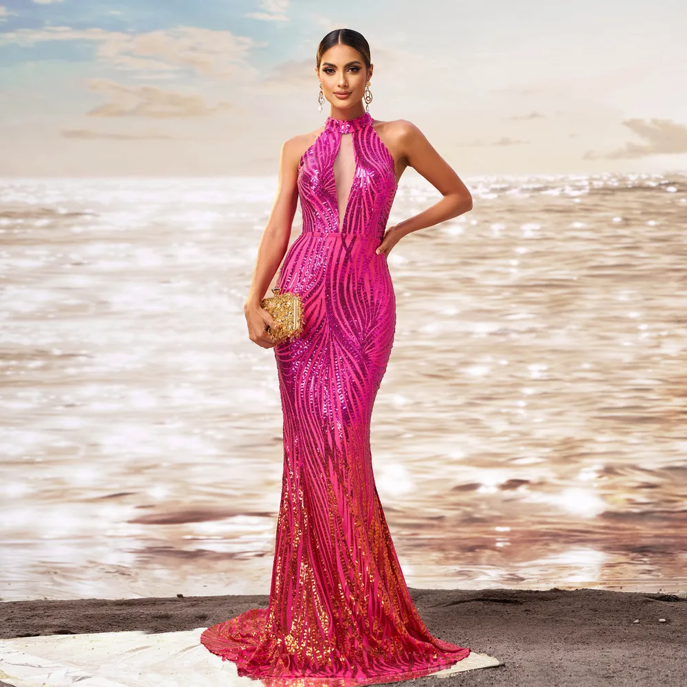 Round Neck Off the shoulder Slim fit Sheath Sequined Banquet Fishtail Evening Dress Rose Red - Shop at LoveMi