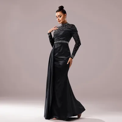 Long Sleeve Slim fit Sheath Pearl Banquet Fishtail Evening Dress Black - Shop at LoveMi
