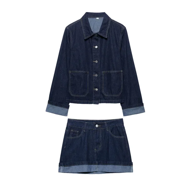Lapel Cuff Denim Style Short Denim Coat Skirt Outfit Suit - Shop at LoveMi