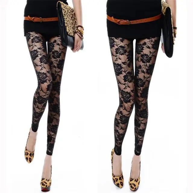 Sexy Tight Slim fitting Ankle Length Trousers Solid Color Breathable Lace Rose Leggings Black - Shop at LoveMi