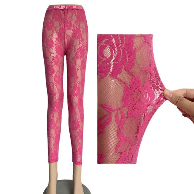 Sexy Tight Slim fitting Ankle Length Trousers Solid Color Breathable Lace Rose Leggings Rose Red - Shop at LoveMi