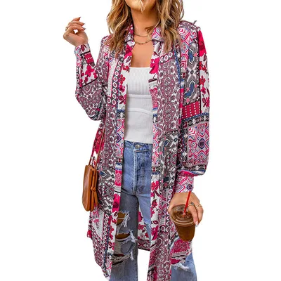 Bohemian Shirt Lapel Loose Casual Rose Red - Shop at LoveMi