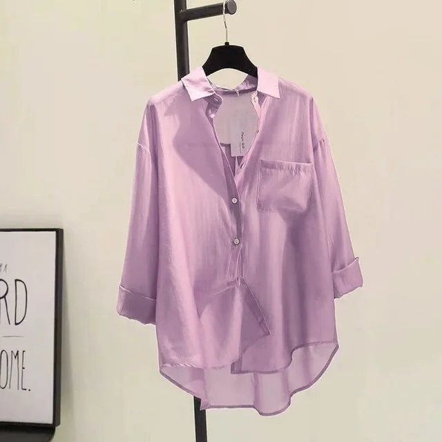 Tencel Cotton Sun Protection Shirt Long Sleeve Versatile Loose Top Light Purple - Shop at LoveMi