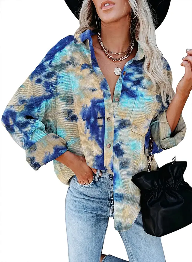 Corduroy Digital Printing Long Sleeve Buckle Loose Oversized Shirt Blue - Shop at LoveMi