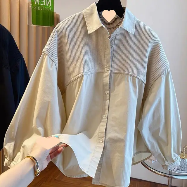 Niche Loose Casual Knitted Stitching Fake Two Pieces Shirts Women Beige - Shop at LoveMi