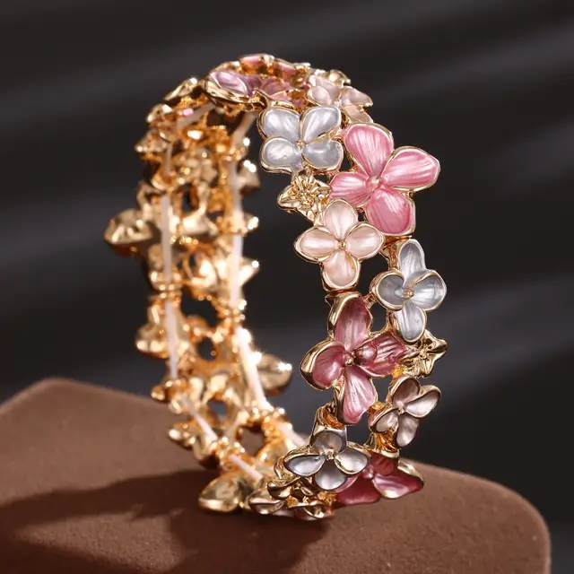 Enamel Little Sakura Elastic Bracelet Women's High grade All match Alloy Bracelet Pink Gold - Shop at LoveMi