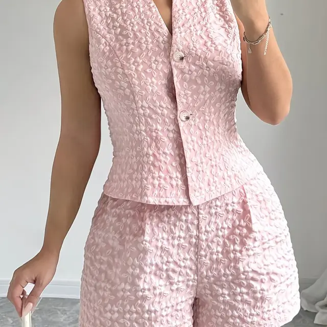 European And American Size Women's Elegant Solid Color Jacquard Sleeveless Vest And Shorts Two piece Set Pink - Shop at LoveMi
