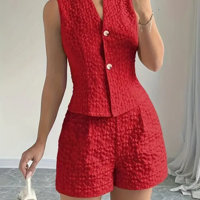 European And American Size Women's Elegant Solid Color Jacquard Sleeveless Vest And Shorts Two piece Set Red - Shop at LoveMi