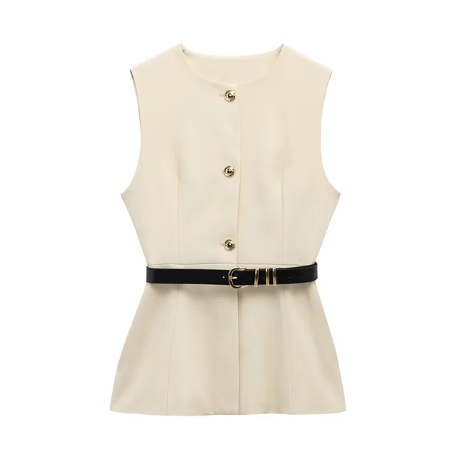 Belt Simple Sleeveless Shirt Bandage Dress Waist tight Vest Beige - Shop at LoveMi