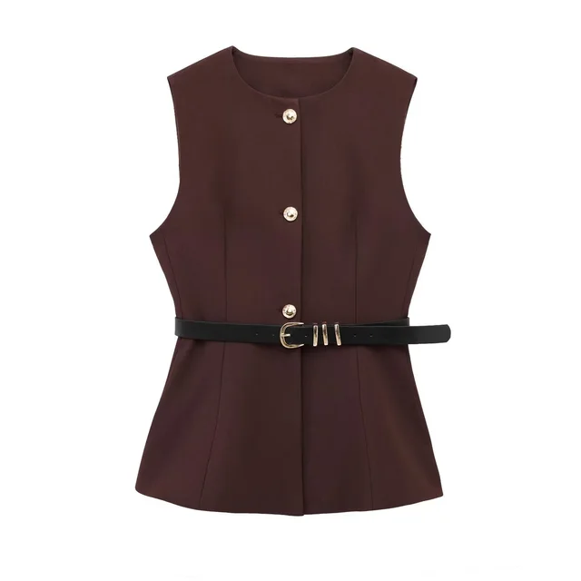 Belt Simple Sleeveless Shirt Bandage Dress Waist tight Vest Brown - Shop at LoveMi
