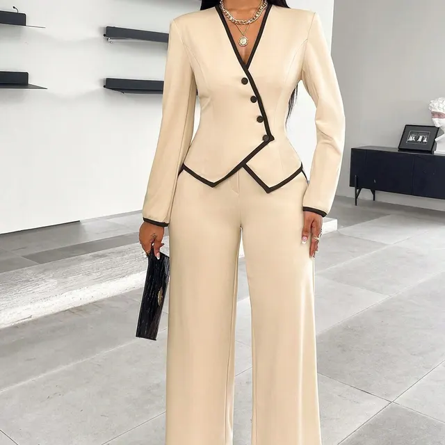 Single breasted Contrast Color Trim Suit Pants Suit Beige Suit - Shop at LoveMi
