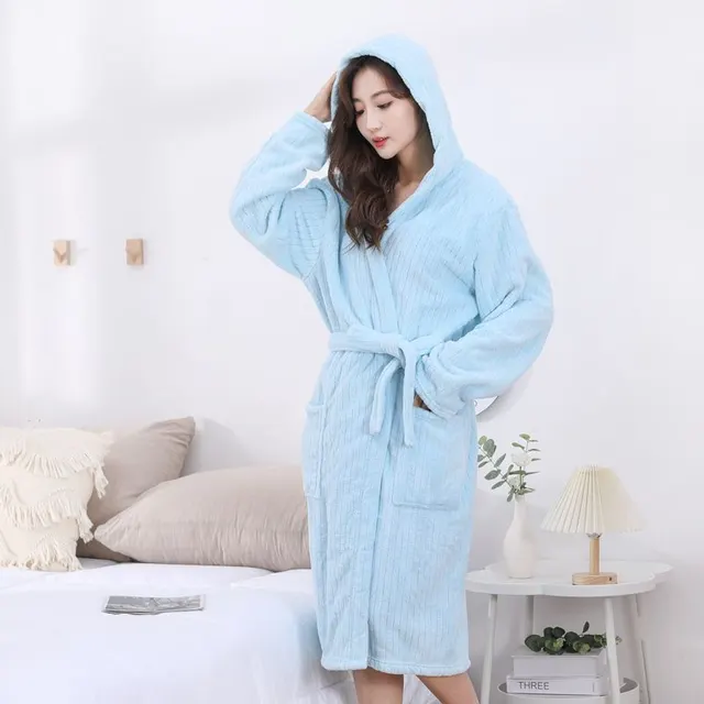 Thicken And Lengthen Coral Fleece Bathrobe Men's And Women's Absorbent Nightgown Vertical Stripes Solid Color Sky Blue - Shop at LoveMi