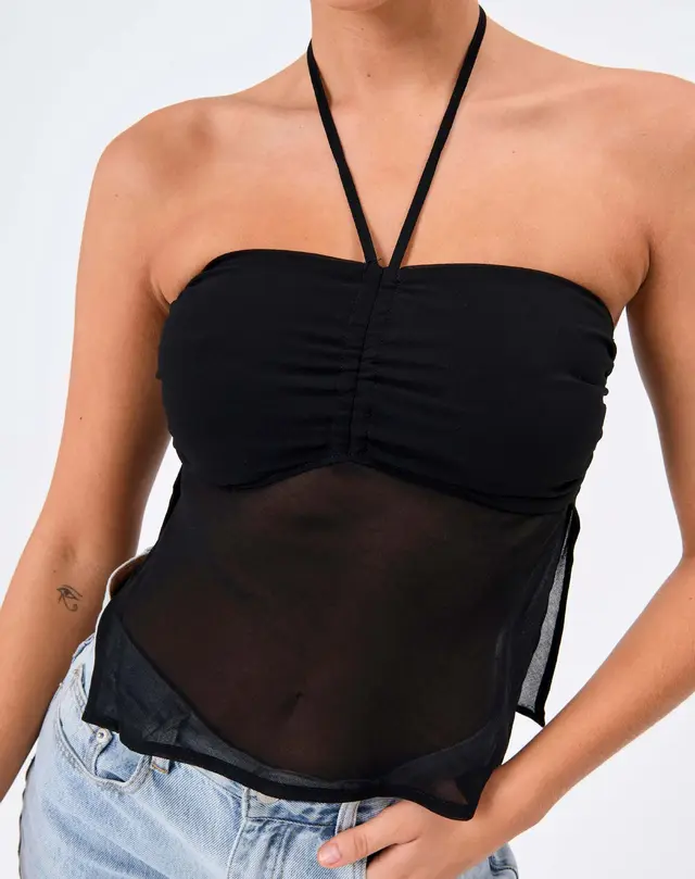 Women's Straps Tulle Halter Pure Color Tube top Vest Black - Shop at LoveMi