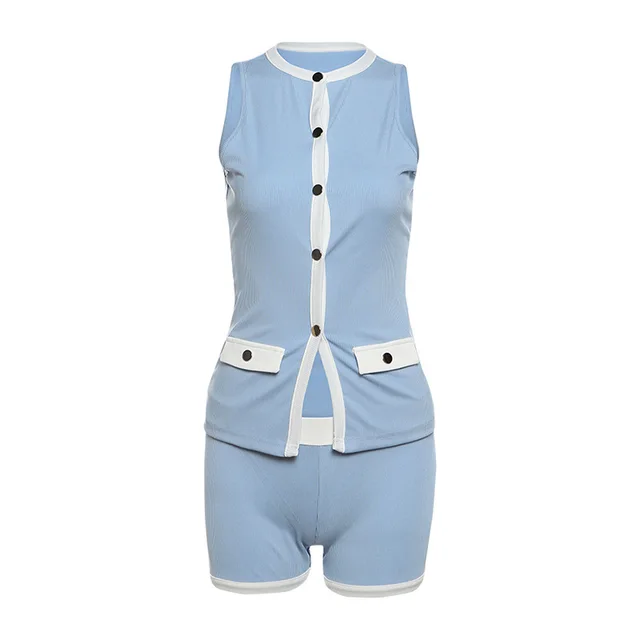 Single breasted Cover Pocket Design Color Matching Top Tight Shorts Two piece Set Blue - Shop at LoveMi