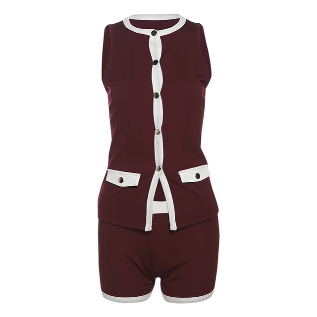 Single breasted Cover Pocket Design Color Matching Top Tight Shorts Two piece Set Wine Red - Shop at LoveMi