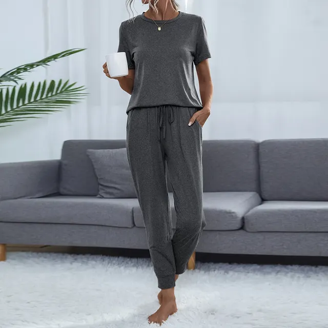 Women's Pocket Short Sleeve Trousers Suit Dark Gray Tom35096Dg - Shop at LoveMi