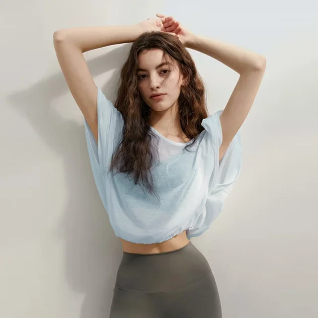 Loose Quick drying Yoga Clothes Blouse Breathable Slimming Backless Short Sleeve Ice Blue - Shop at LoveMi