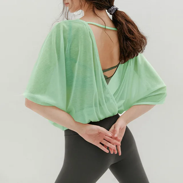 Loose Quick drying Yoga Clothes Blouse Breathable Slimming Backless Short Sleeve Light Green - Shop at LoveMi