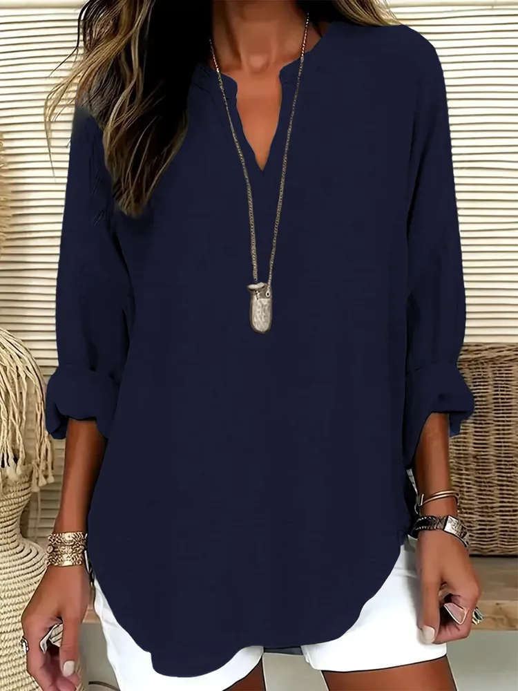 Women's V neck Drop shoulder Long sleeve T shirt Blue - Shop at LoveMi