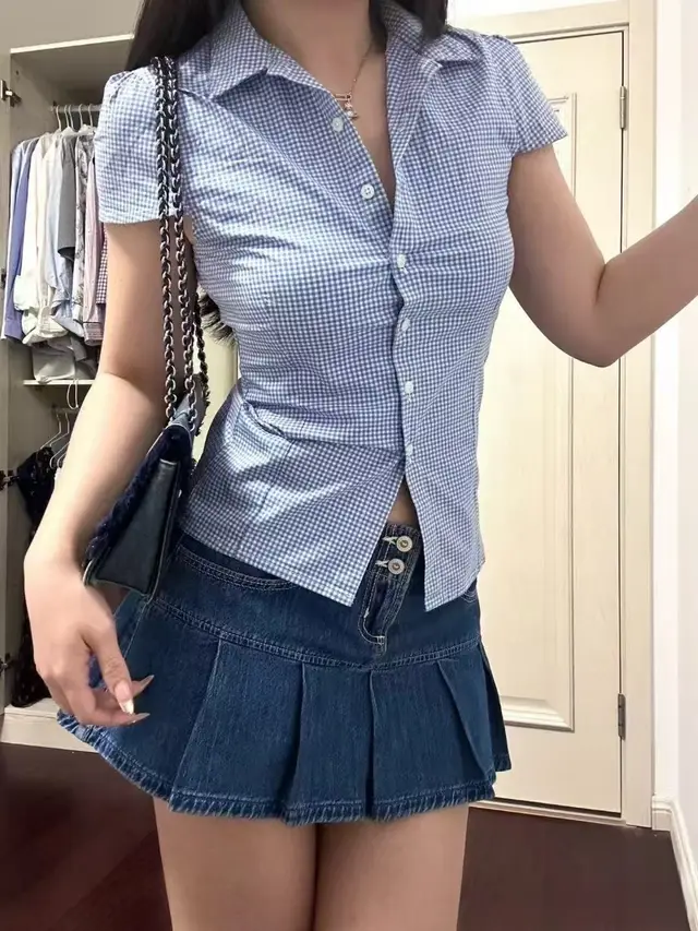 New American Red Pattern Short Sleeve Shirt Top Women Blue Plaid - Shop at LoveMi