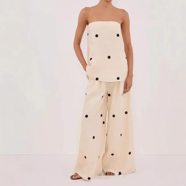 Leisure Suit Polka Dot Tube Top Wide Leg Pants Beige White - Shop at LoveMi
