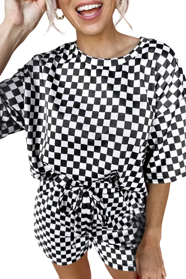Comfort Loose Suit Plaid Short sleeved Shirt And Shorts Two piece Set Black - Shop at LoveMi