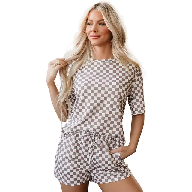 Comfort Loose Suit Plaid Short sleeved Shirt And Shorts Two piece Set Brown - Shop at LoveMi
