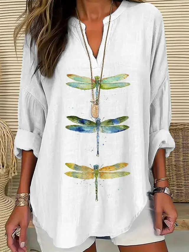 European And American Women's Clothing Small V Stand Collar Button Drop shoulder Long sleeve Women's T Curved Hem Clothes 1 D770 - Shop at LoveMi
