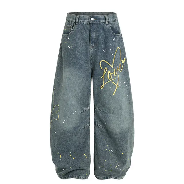 Niche American Retro Splash ink Embroidered Machete Jeans Blue - Shop at LoveMi