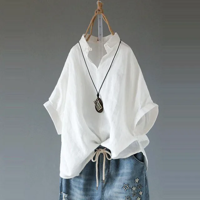 Stand Collar Loose Cotton Linen Solid Color Foreign Trade Women's Clothing Shirt White - Shop at LoveMi