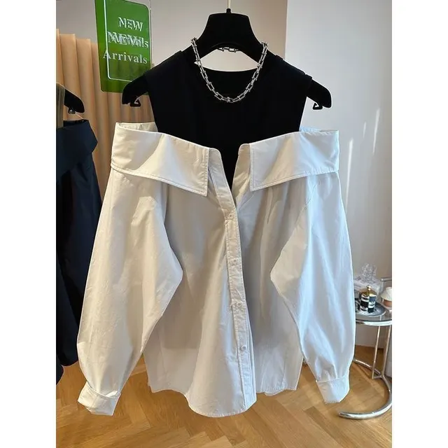 Loose Small Sling Vest Stitching Shirt Fake Two piece Top White - Shop at LoveMi