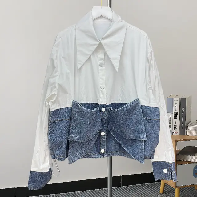 Women's Simple Casual Bow Stitching Denim Shirt White - Shop at LoveMi