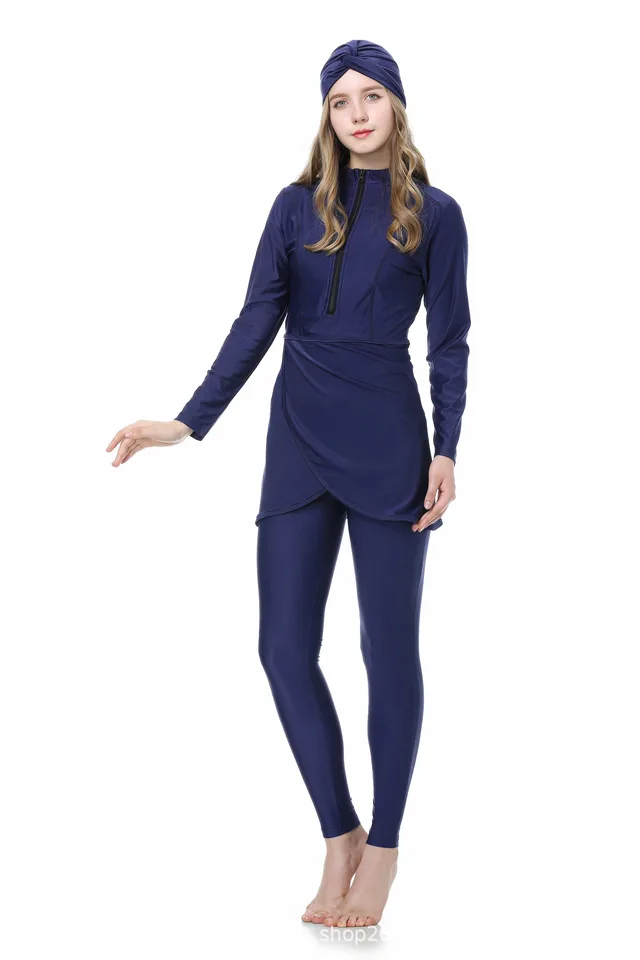 Sun Protection Three piece Set Islamic Swimsuit Dark Blue - Shop at LoveMi