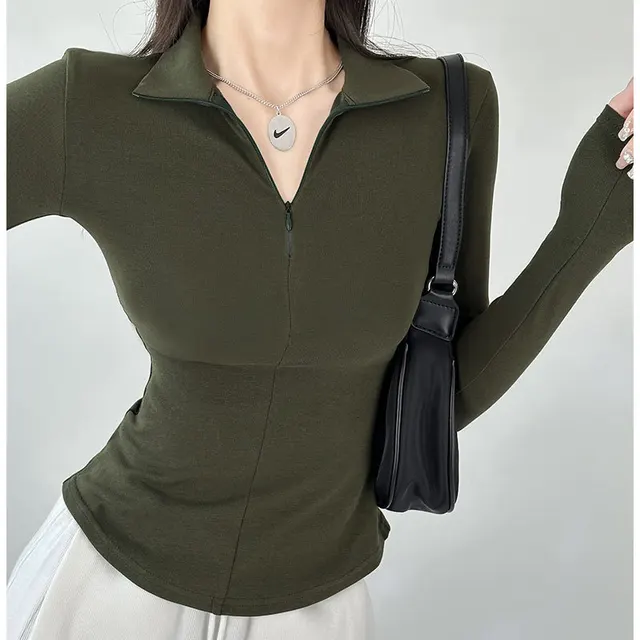 Slim Fit Show Thin Black Polo Collar Top Rayon Army Green - Shop at LoveMi