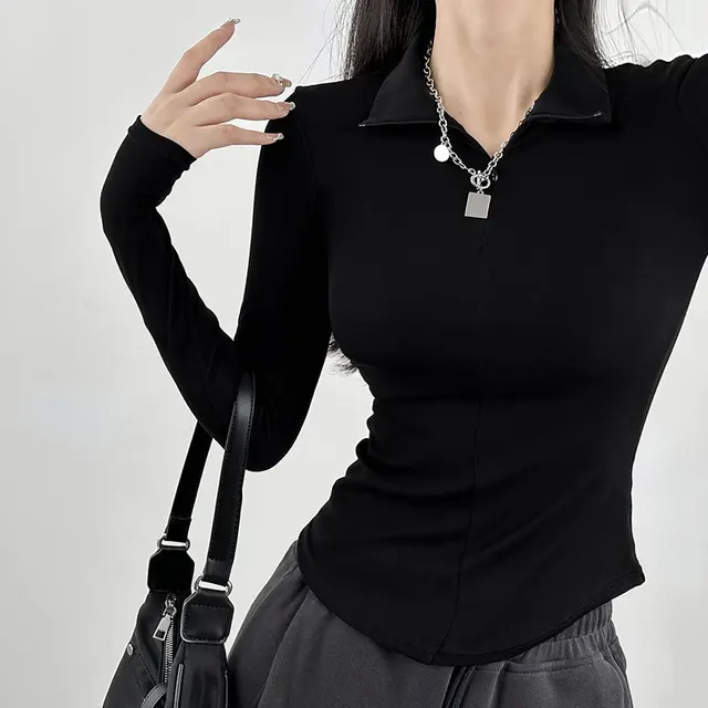 Slim Fit Show Thin Black Hot Girl Polo Collar Top Rayon Black - Shop at LoveMi