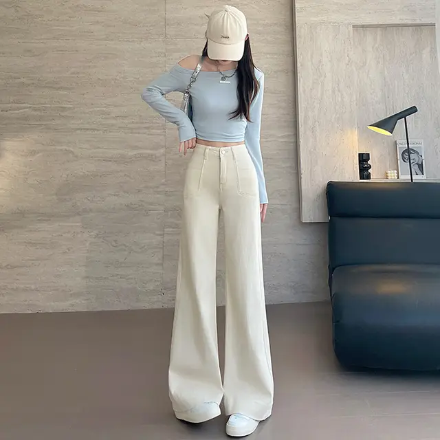 Women's High Waist Slimming Loose Straight Jeans Beige Pants - Shop at LoveMi