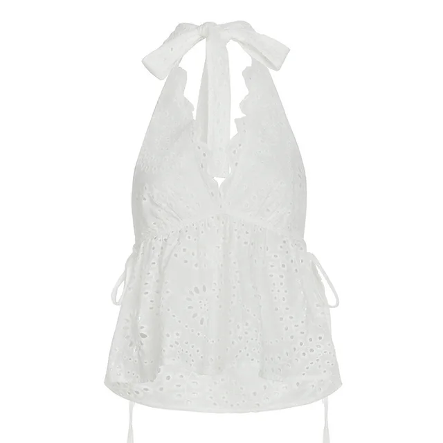 Jacquard Lace Edge Halterneck Vest Irregular Hem Bottoming Shirt White - Shop at LoveMi