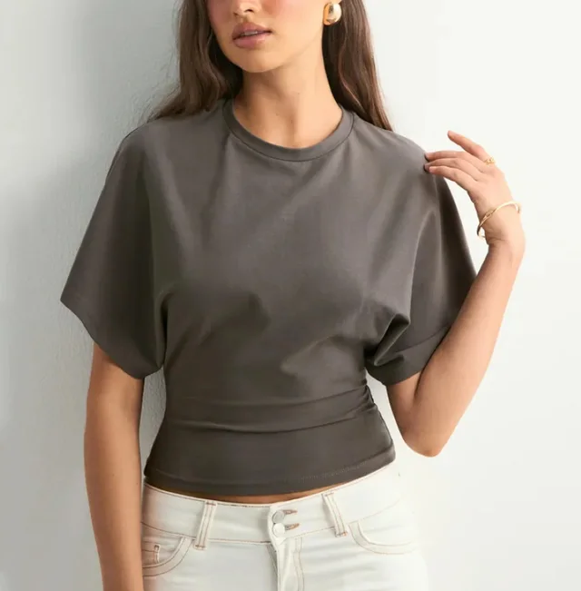 Round Neck Pullover Short Sleeve T shirt Women's Solid Color Loose Top Dark Gray - Shop at LoveMi