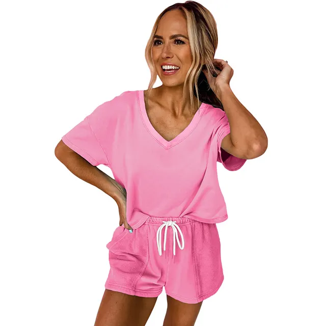 Women's Minimalist And Versatile Drawstring Loose Short Sleeved Shorts Set Red - Shop at LoveMi