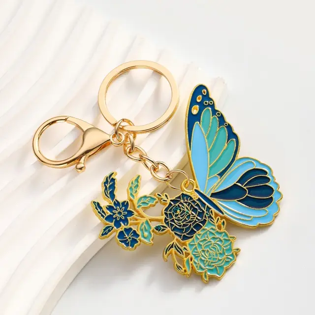 Creative Personality Brass Ancient Style Hollow Flower Butterfly Keychain Pendant Blue - Shop at LoveMi