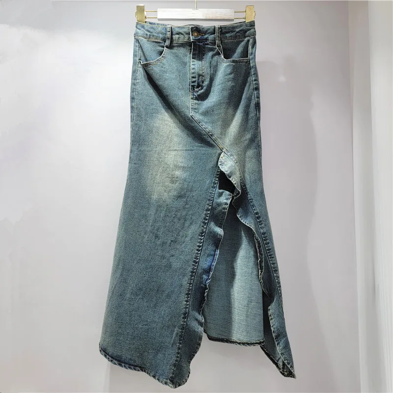 Women's American-style Retro Irregular Denim Skirt - Retro Blue - View 1