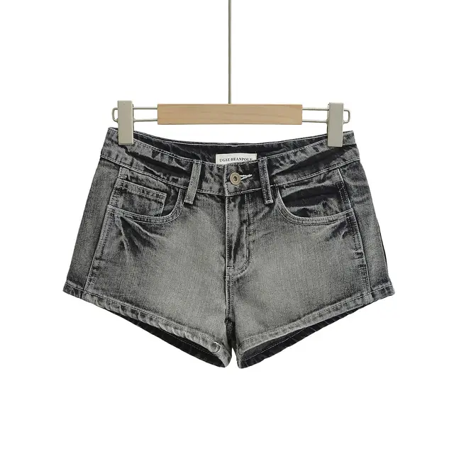 European And American Style Two button Distressed Tight Stretch Denim Shorts Grey - Shop at LoveMi