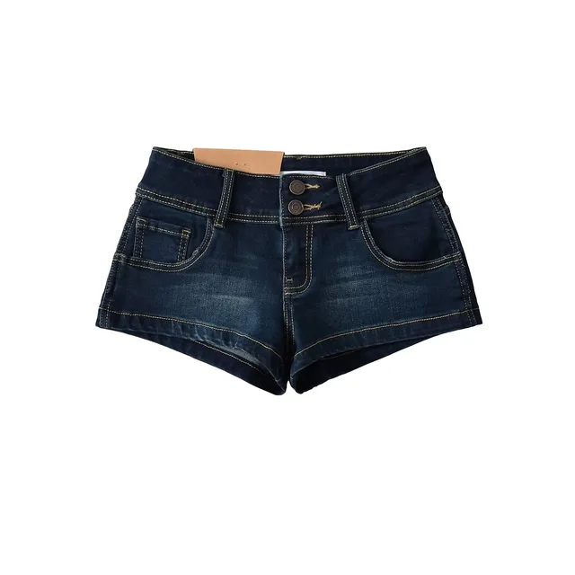 European And American Style Two button Distressed Tight Stretch Denim Shorts Retro Dark Blue - Shop at LoveMi