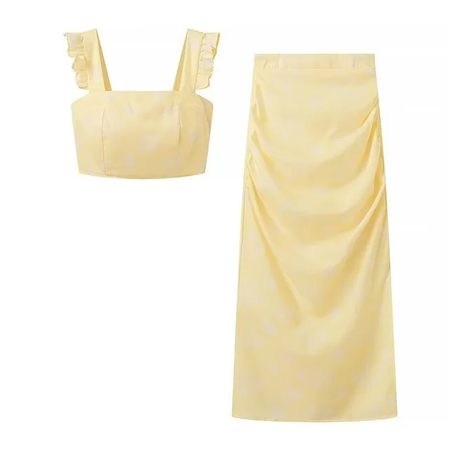 Sweet Style Printed Short Top Pleated Mid length Dress Set Yellow - Shop at LoveMi
