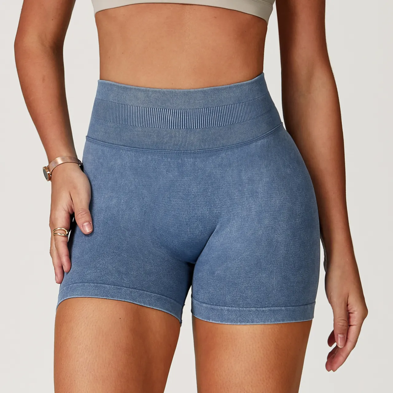 Seamless Stone Washed Yoga Shorts High Waist Hip Lift Shorts - Denim Blue